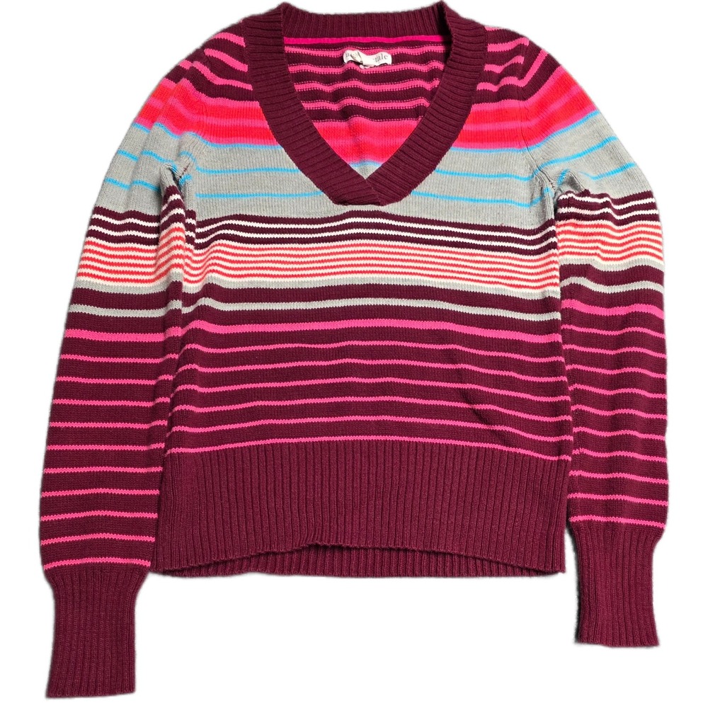 Aeropostale V-Neck‎ Striped Knit Sweater Women's Size L Burgundy Pink Pullover